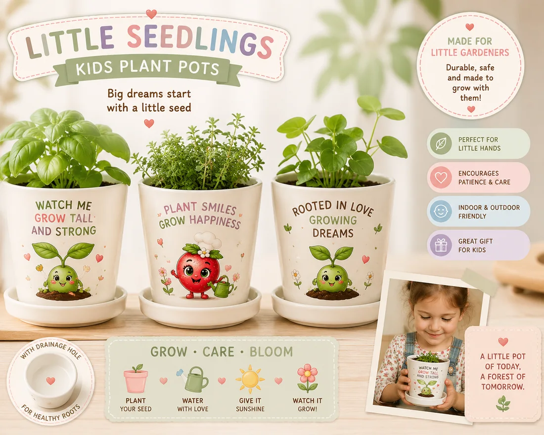 Three Little Seedlings plant pots with cheerful seedling and strawberry characters, each with a drainage hole and saucer, beside a child holding one.