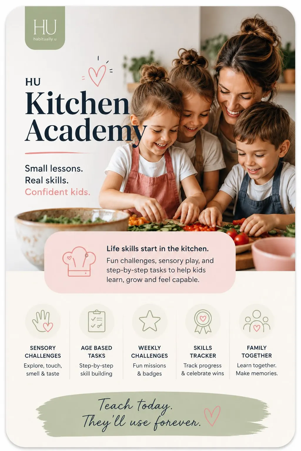 HU Kitchen Academy — small lessons, real skills, confident kids. Life skills start in the kitchen: fun challenges, sensory play and step-by-step tasks to help kids learn, grow and feel capable. Sensory challenges, age-based tasks, weekly challenges, skills tracker and family time. Teach today. They'll use forever.