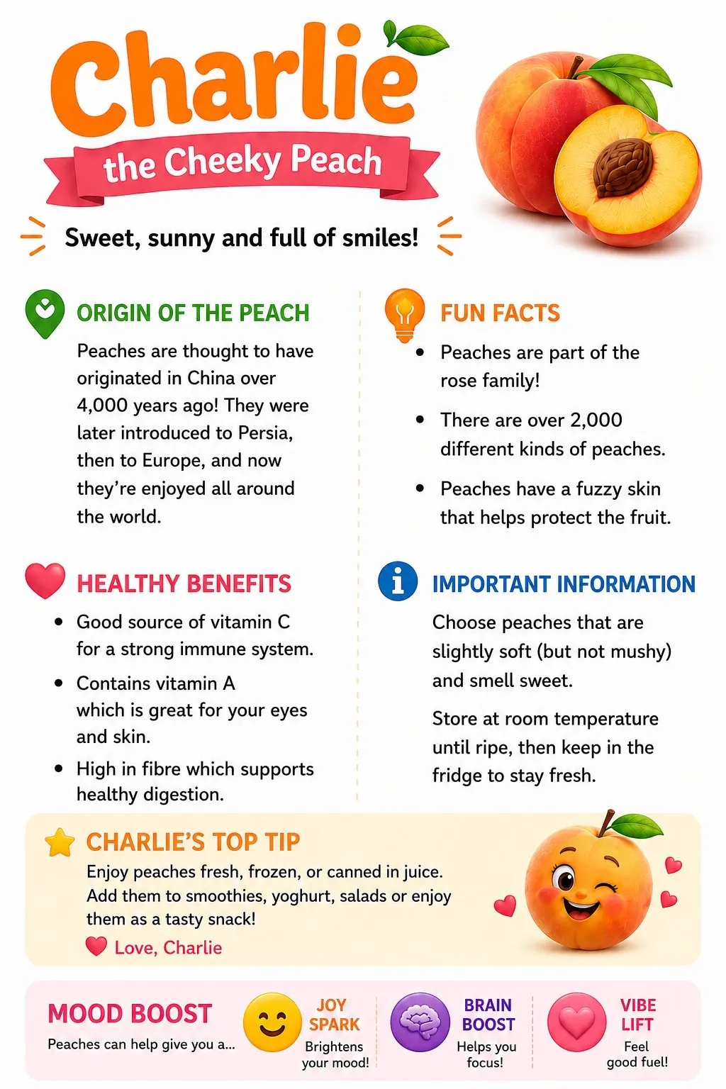 Charlie the Cheeky Peach facts