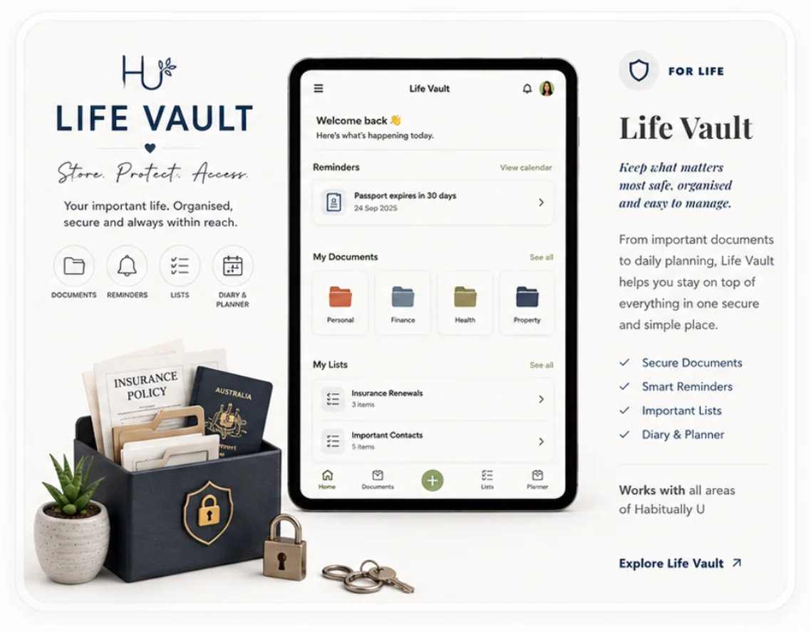 Life Vault — store, protect, access. Secure documents, smart reminders, important lists and a diary and planner.