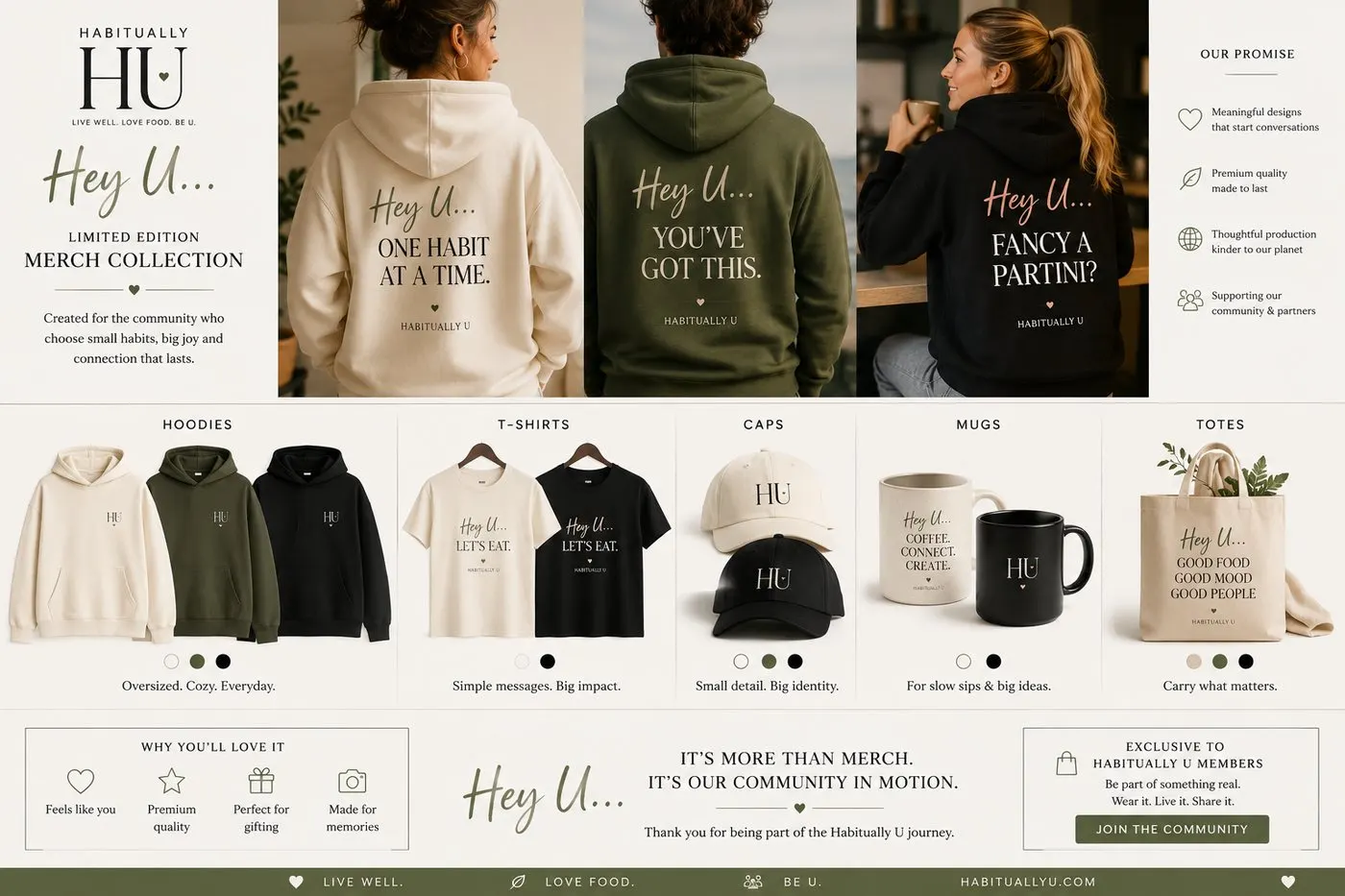 Hey U Limited Edition merch collection — hoodies, tees, caps, mugs and totes