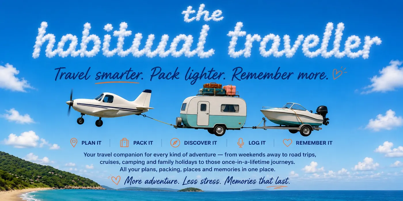 The Habitual Traveller — Travel smarter. Pack lighter. Remember more. Plan it, pack it, discover it, log it, remember it. Your travel companion for every kind of adventure: weekends away, road trips, cruises, camping and family holidays. More adventure. Less stress. Memories that last.