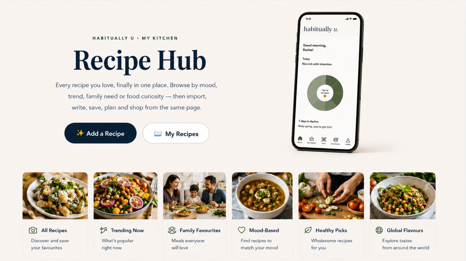 Recipe Hub — every recipe you love, finally in one place. Browse by mood, trend, family need or food curiosity, then import, write, save, plan and shop from the same page.