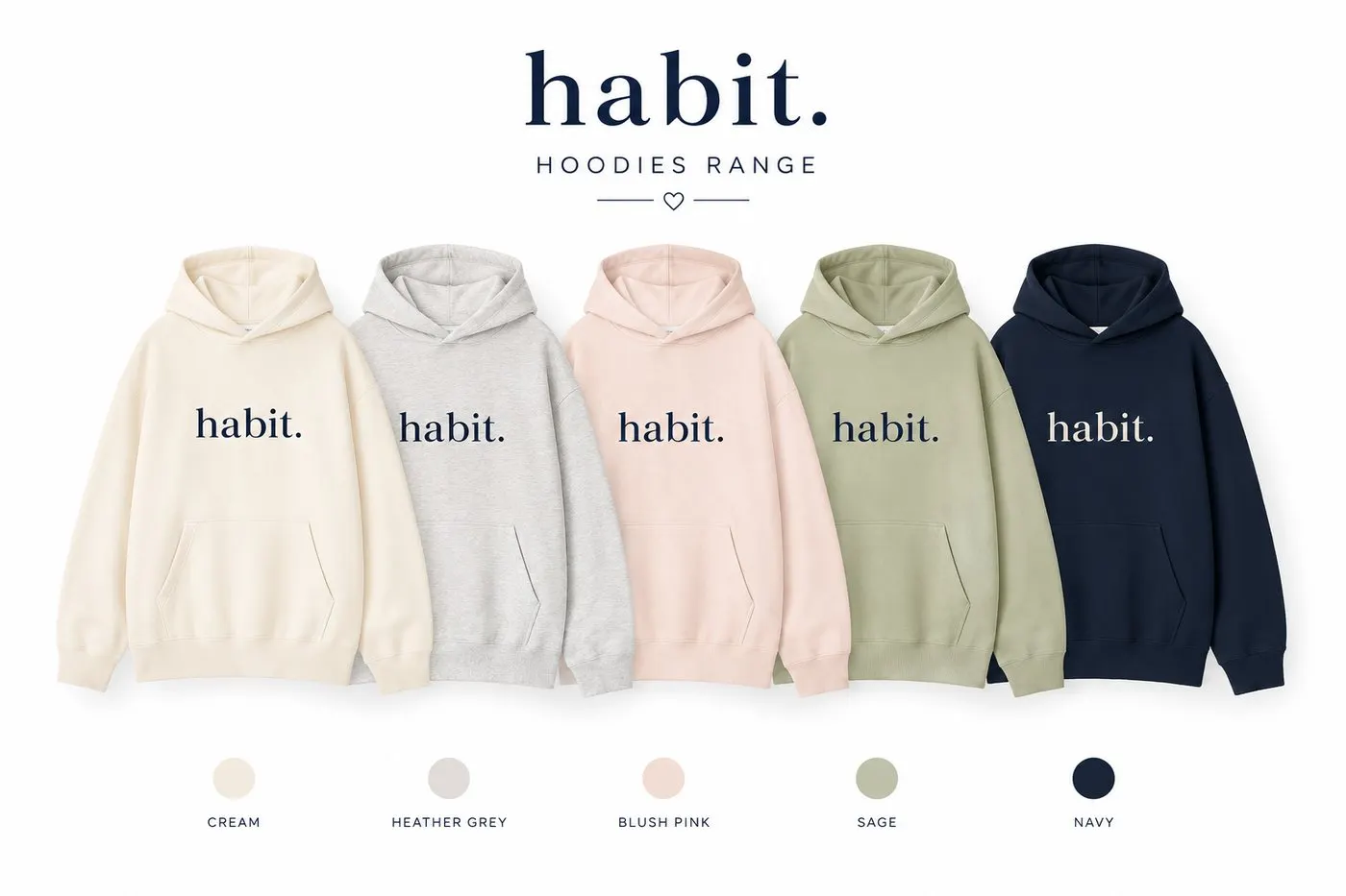 habit. hoodies range, front — cream, heather grey, blush pink, sage and navy