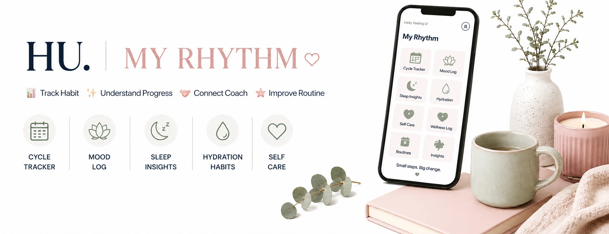 HU My Rhythm — your routines, wellbeing and daily progress, all in one place. Today, Journal, Wellness Hub and Best U.