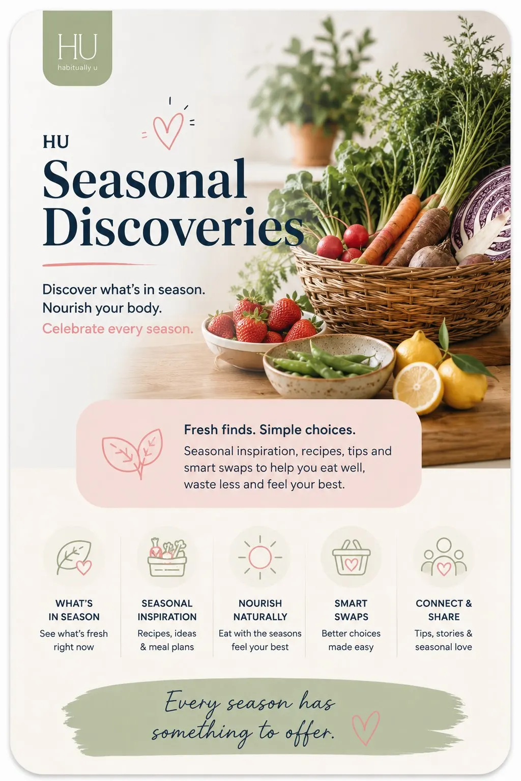 HU Seasonal Discoveries — discover what's in season, nourish your body, celebrate every season. Fresh finds, simple choices: seasonal inspiration, recipes, tips and smart swaps to help you eat well, waste less and feel your best. What's in season, seasonal inspiration, nourish naturally, smart swaps, connect and share. Every season has something to offer.