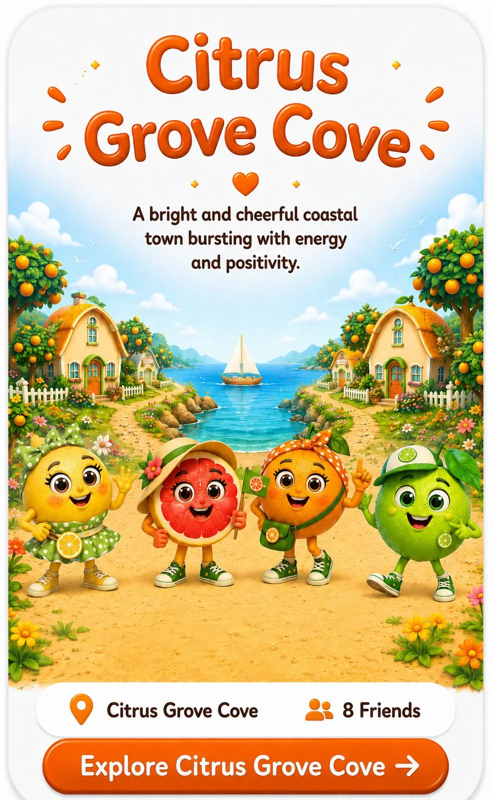 Citrus Grove Cove — a bright and cheerful coastal town bursting with energy and positivity