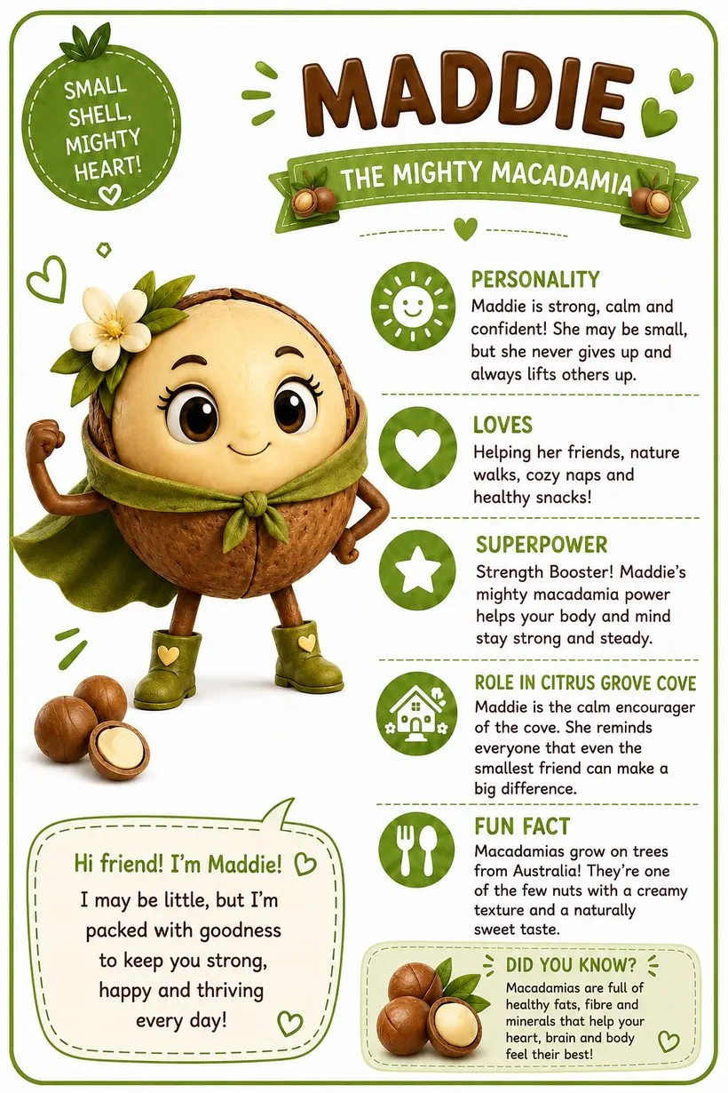 Maddie the Mighty Macadamia facts